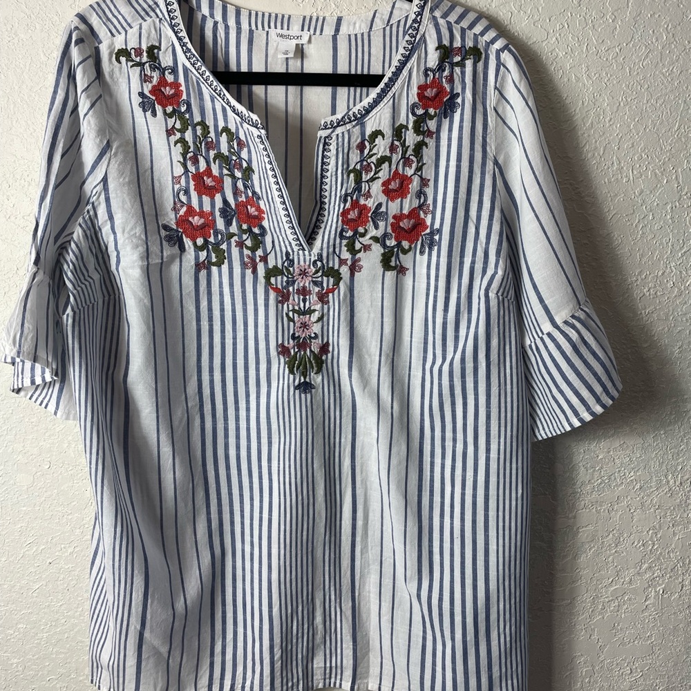 Westport Blue White Stripe Floral Embroidered Blouse Sz 1X